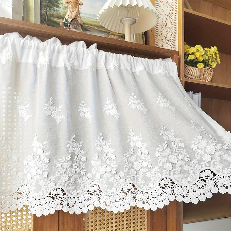 Französischer schicker halber Vorhang mit Blumenprägung, Stickerei und Spitze, weiß, eleganter halbverdunkelnder Café-Vorhang für Küche, Wohnzimmer, Tür
