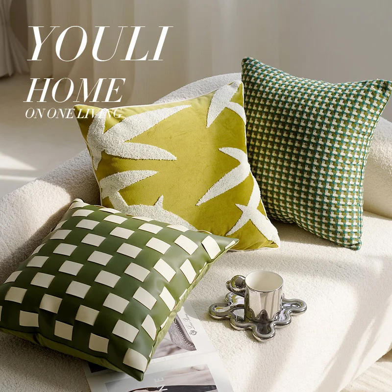 

30X50/45X45CM Green Vintage Throw Pillow Cover Bamboo Leaf Stamping Waist Cushion Cover Decor Home Decorative Pillowcase