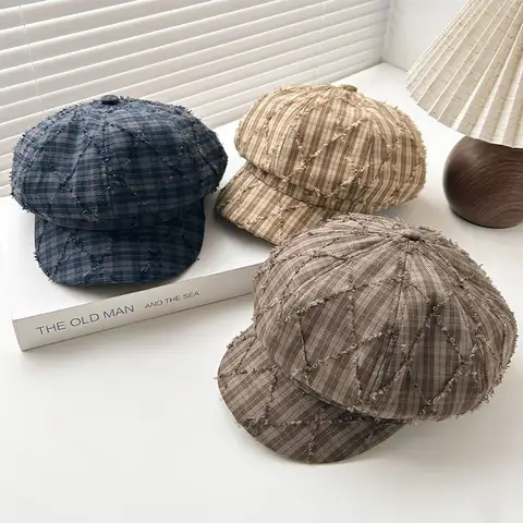 새 봄 여름 레트로 체크 모자 여성용 팔각형 모자 Newsboy 모자 남성용 여성용 캐주얼 WooHat 겨울 베레모 여성 화가 모자