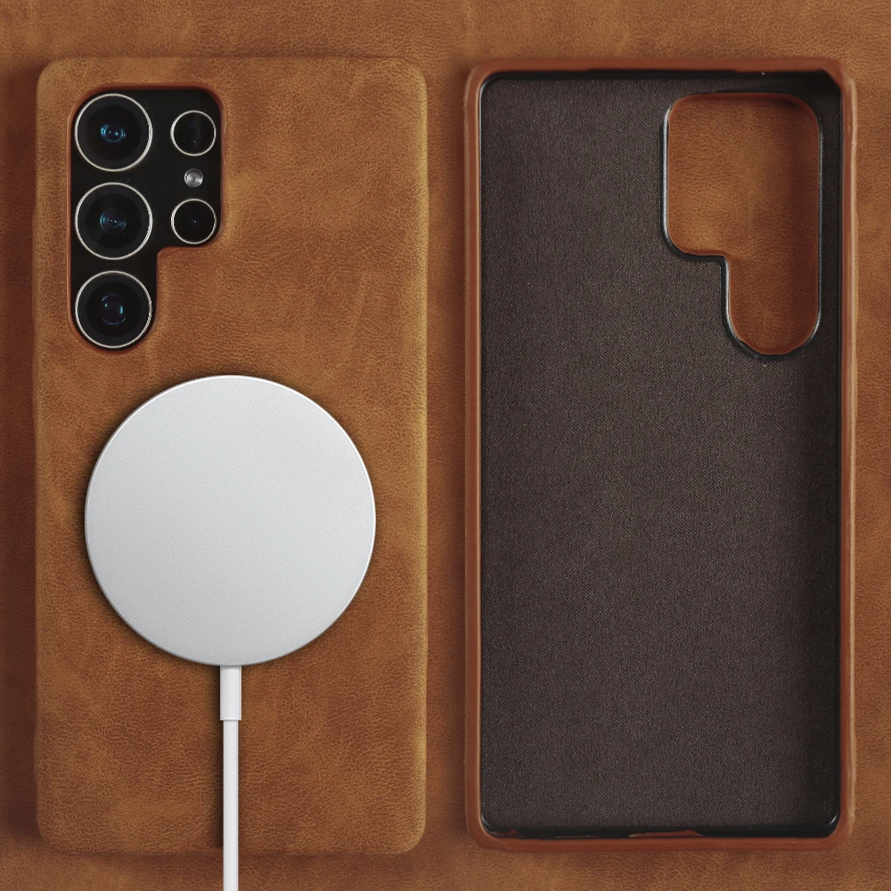 

Роскошный кожаный чехол Magsafe Magnetic для Samsung Galaxy S25 Edge S24 S23 S22 S21 S20 FE Note 20 Ultra 10 Plus, задняя крышка