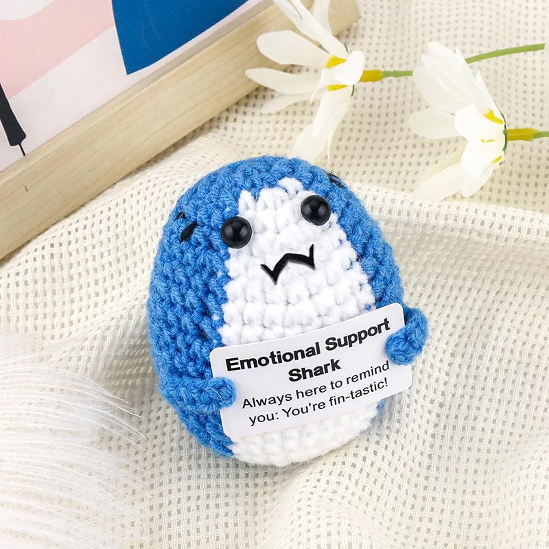 Cute Positive Energy Crochet Shark Doll for Home Room Decoration Emotion Support Plush Coffee Cup Animals with Positive Message