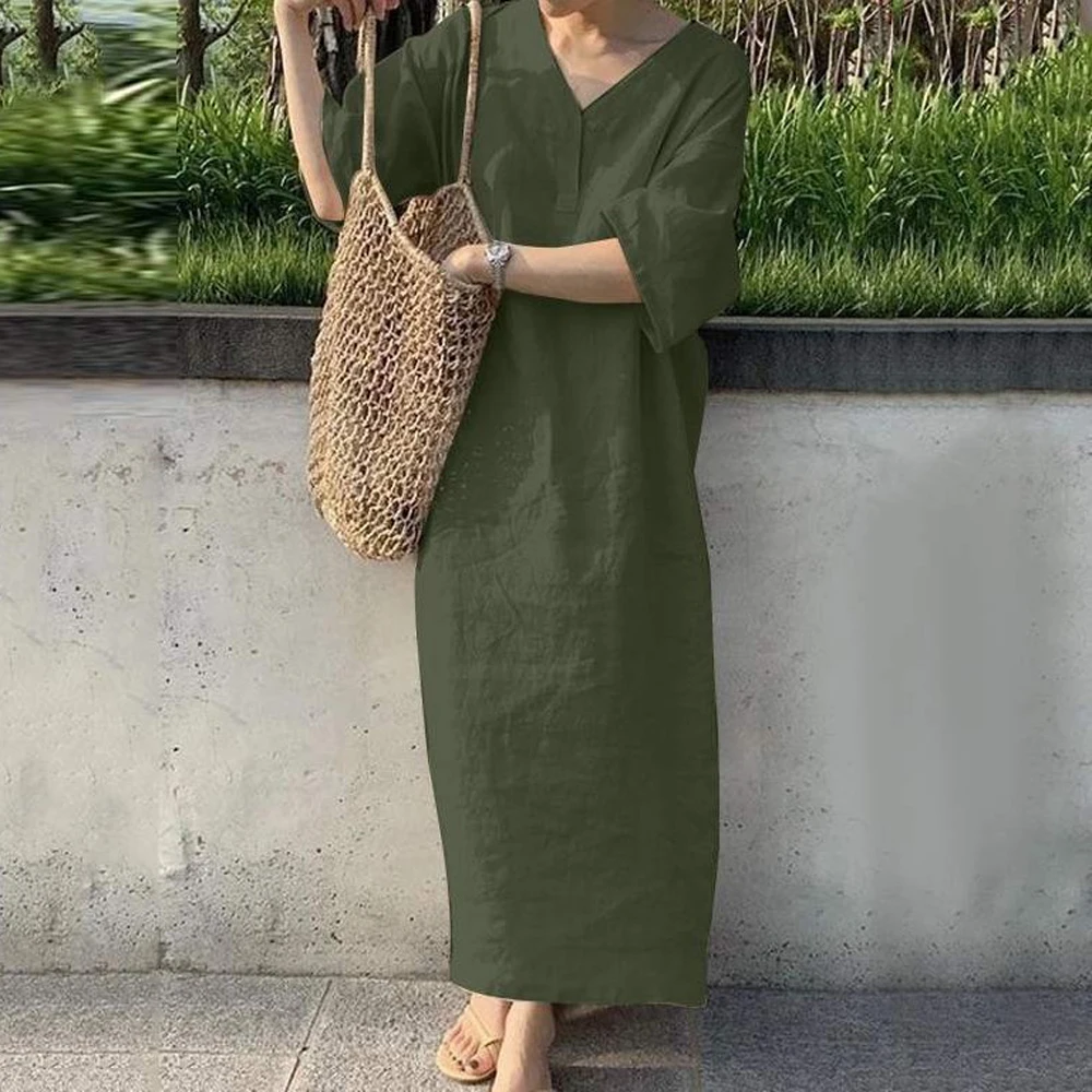 Women V Neck Button Short Sleeve Loose Maxi Dress Summer Female Holiday Beachwear Sand Straight Cotton Linen Party Dress