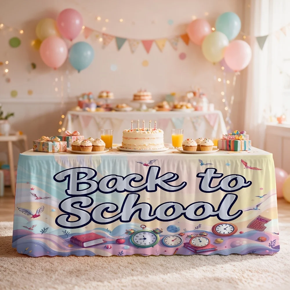 One-piece back-to-school printed table skirts are used as decorations for back-to-school themed party celebrations