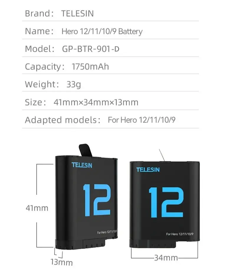 بطارية بديلة من TELESIN لـ GoPro 5 6 7 8 بقدرة 1750 مللي أمبير في الساعة لبطارية GoPro Hero 12 11 10 9 ملحقات بطارية كاميرا الحركة السوداء