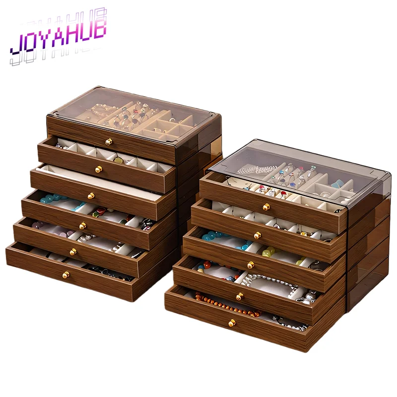 Custom LOGO Walnut Wood Grain Retro Jewelry Box Antique Style Multi-layer Drawers Large Capacity Anti Oxidation Storage Box