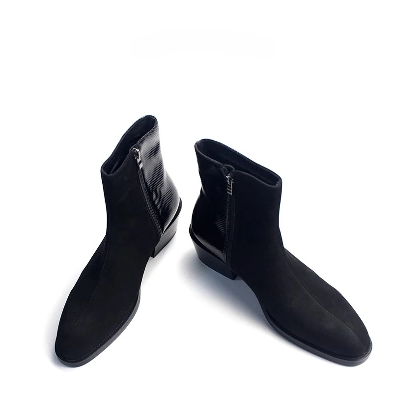 Gothic Punk Men Black Chelsea Boots Suede Combined Snake Grain Patent Leather High Heel Trendy Street Stylish Daily Ankle Boots
