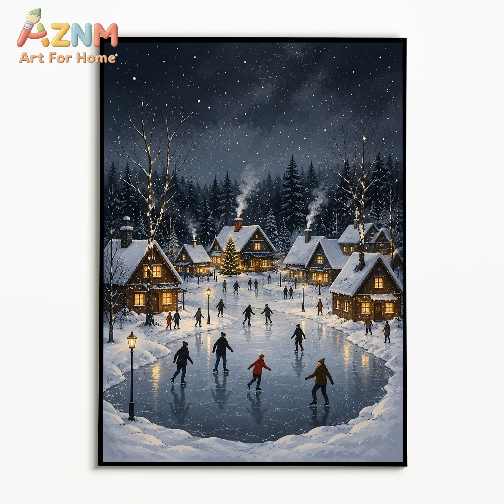 AZNM Vintage Winter Snowy Village Canvas Wall Art Night Snow Town Warm Light House Ice Skating Scene Print Poster Retro Christma