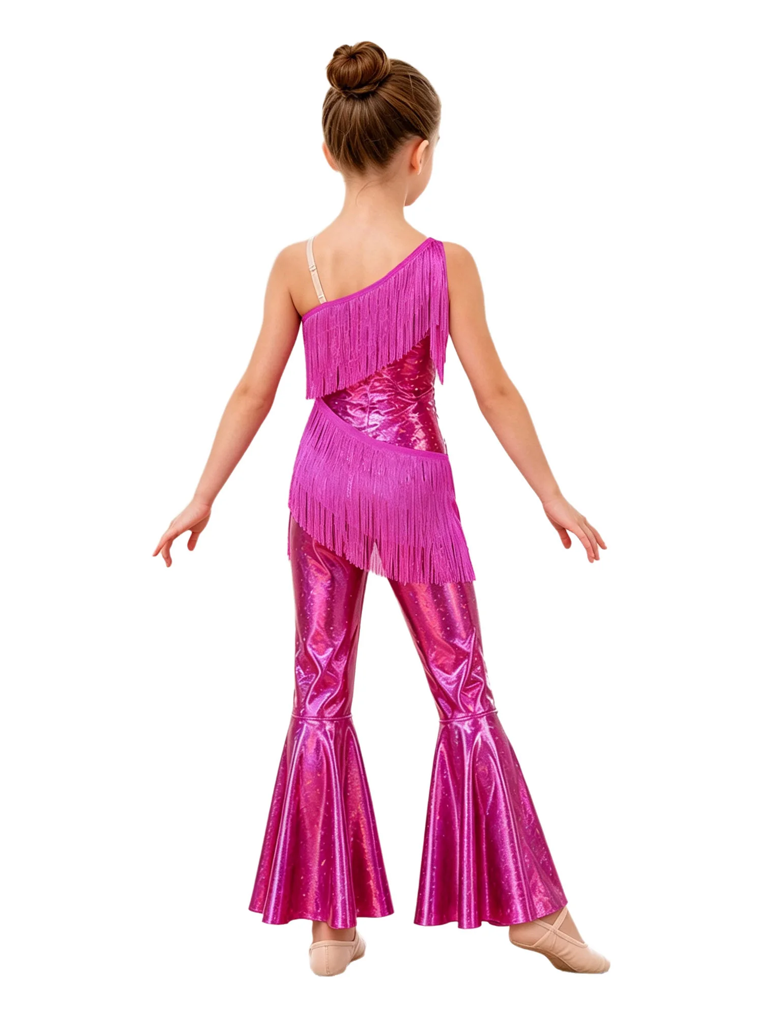 Kids Girls Tassels Metallic Jumpsuit One Shoulder Side Zipper Bell-bottom Shiny Bodysuit for Disco Jazz Hip Hop Dance Parties
