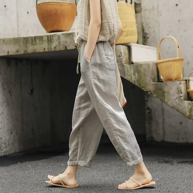 

2024 New UZZDSS Women's Summer Cotton Linen Loose Pocket Elastic Waist Wide-leg Retro Literary Casual Ninth Pants Suit Pants
