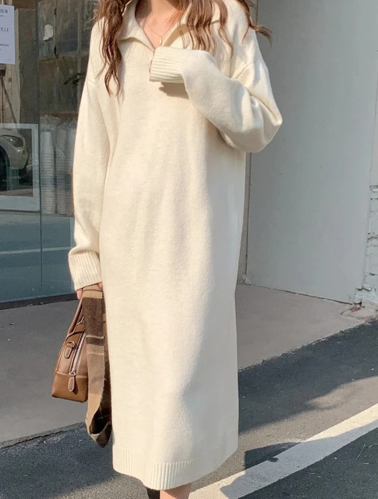 

Новое женское осенне-зимнее однотонное длинное трикотажное платье с лацканами и длинными рукавами, повседневное утепленное свободное платье-свитер