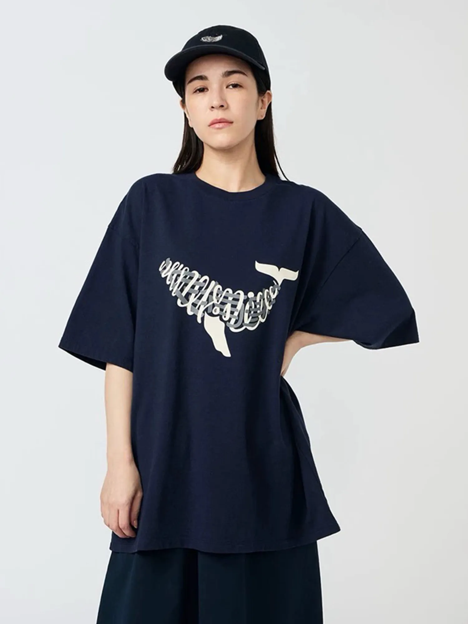Graphic Whale Printed T-shirt Japanese Trendy Men's Large Loose Casual City Boy Short Sleeve
