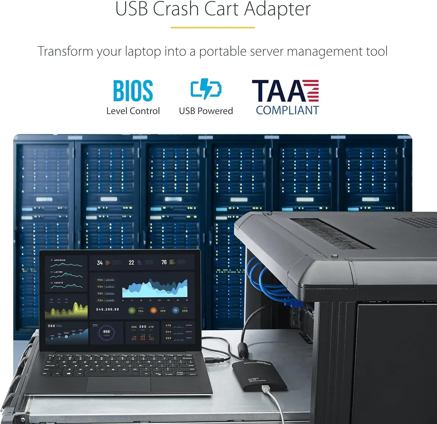 StarTech.com محول عربة تحطم الكمبيوتر المحمول المحمول لإدارة الخادم، وحدة تحكم USB/VGA KVM، Windows/Linux/MacOS - TAA