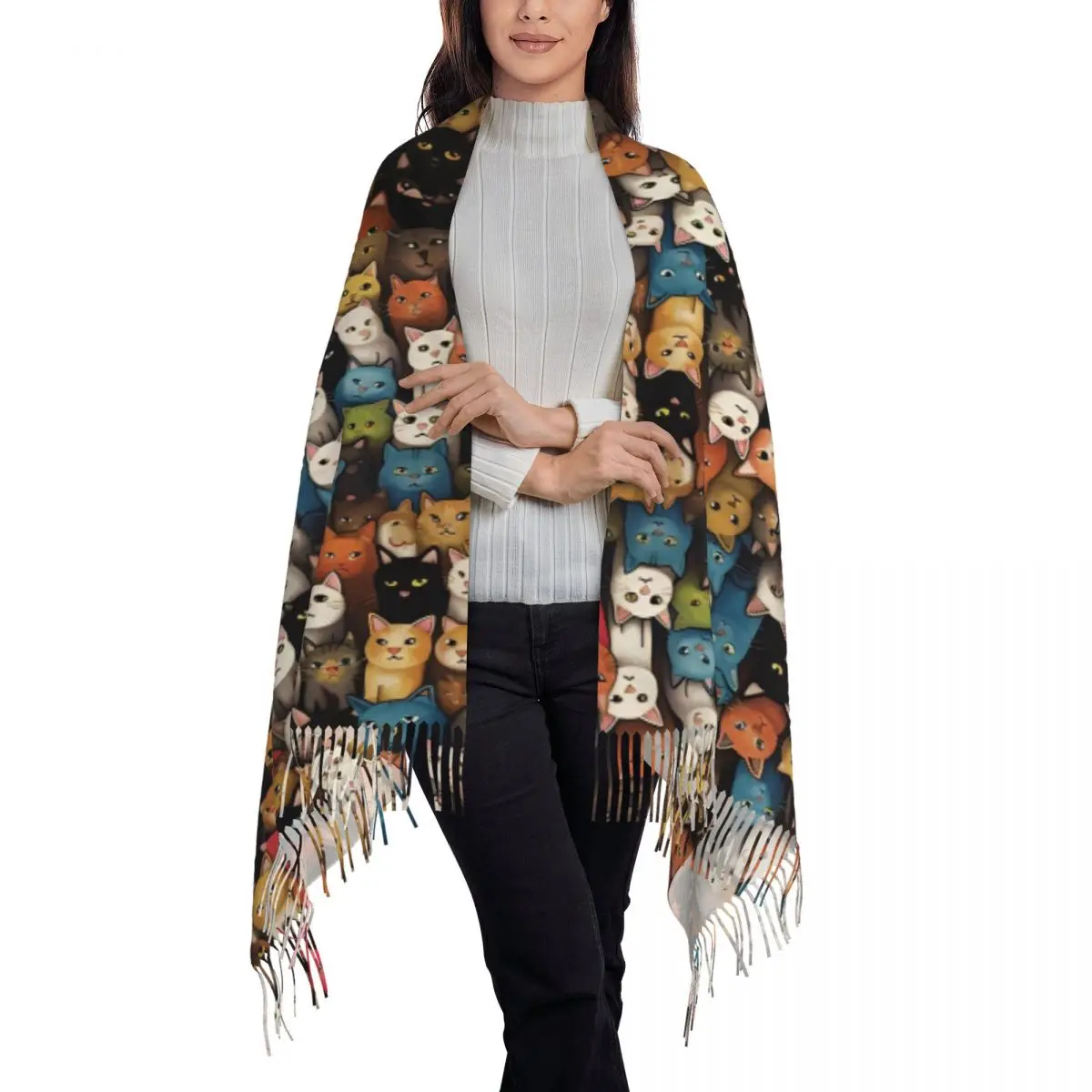 سيدة وشاح الدفء الكرتون القط رئيس الأوشحة مع شرابة شالات العلامة التجارية الفاخرة والتفاف الخريف مخصص DIY Bufanda بها بنفسك Bufanda