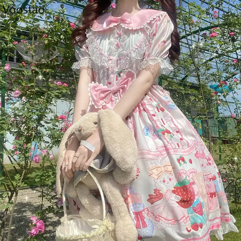 Dolce giapponese Lolita OP vestito estivo ragazze carino fiocco di pizzo fragola coniglietto tea party abiti donna Harajuku Kawaii Chic abiti