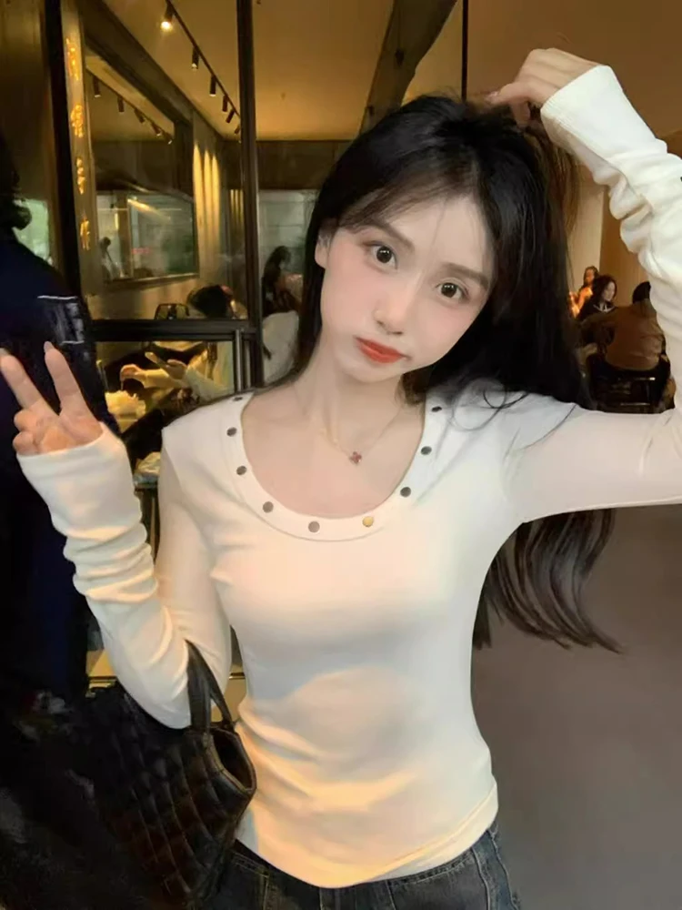 Pure Desire Spicy Girl U-Neck Long Sleeve White T-Shirt Women's Autumn Winter New Inner Wear Base Shirt Design Sensation Smal...