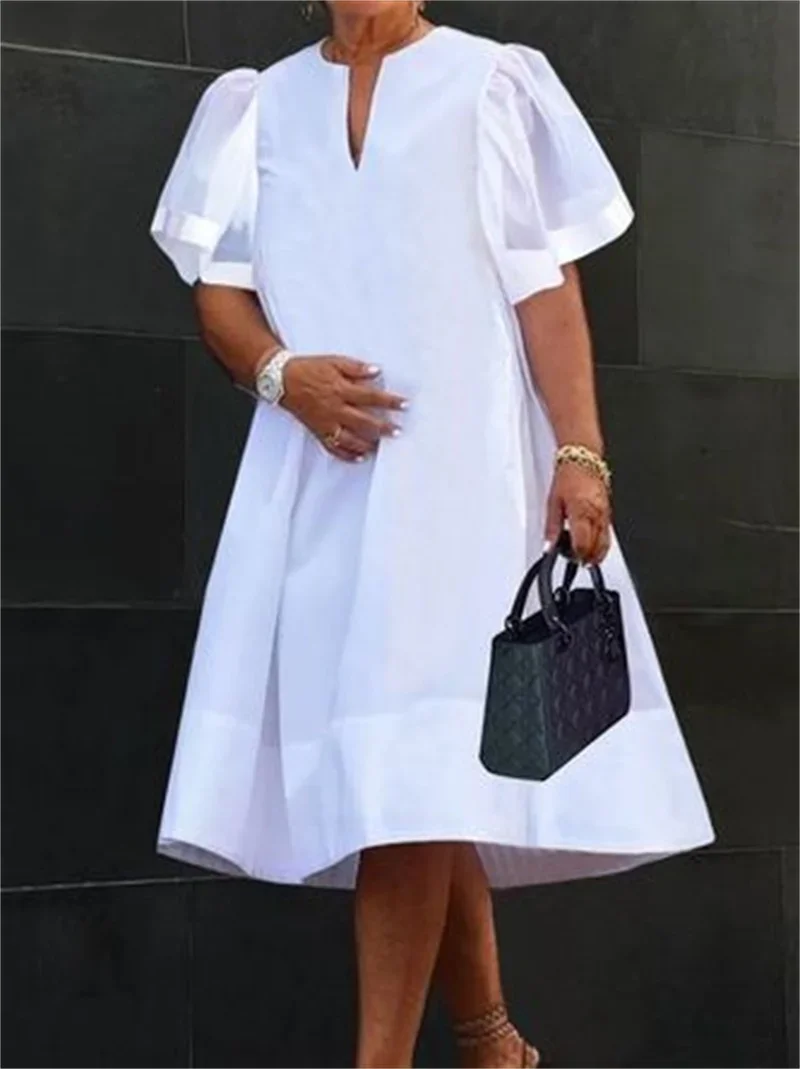 Modigirl Women Midi Shirts Dress 2025 Summer Short Sleeves Black and White Polka Dot Daily Casual Simple Female A-line Dresses image 4