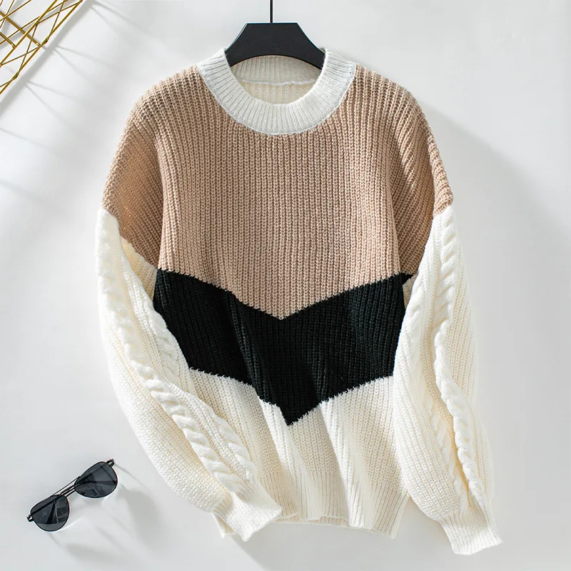 

Contrasting Color Round Neck Pullovers For Women 2024 New In Autumn And Winter Loose Twisted Long Sleeve Knit Sweaters