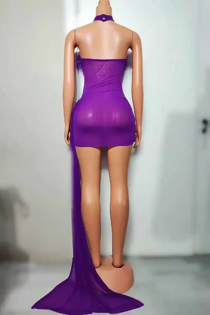 Fioletowa damska seksowna mini krótka sukienka bez rękawów, bez pleców, taniec bogini starszy strój sceniczny