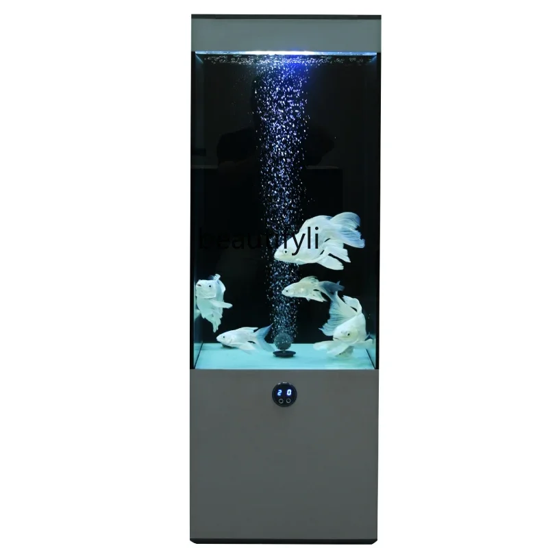 

Fish Globe Floor-Standing Mute Ultra-White Glass Vertical Square Ecological Bottom Filter Aquarium beside TV Cabinet