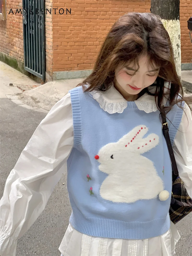 

2025 Spring and Autumn New Sweet Style Blue Rabbit Loose Soft Knitted Vest Doll Collar White Long Sleeve Shirt Set