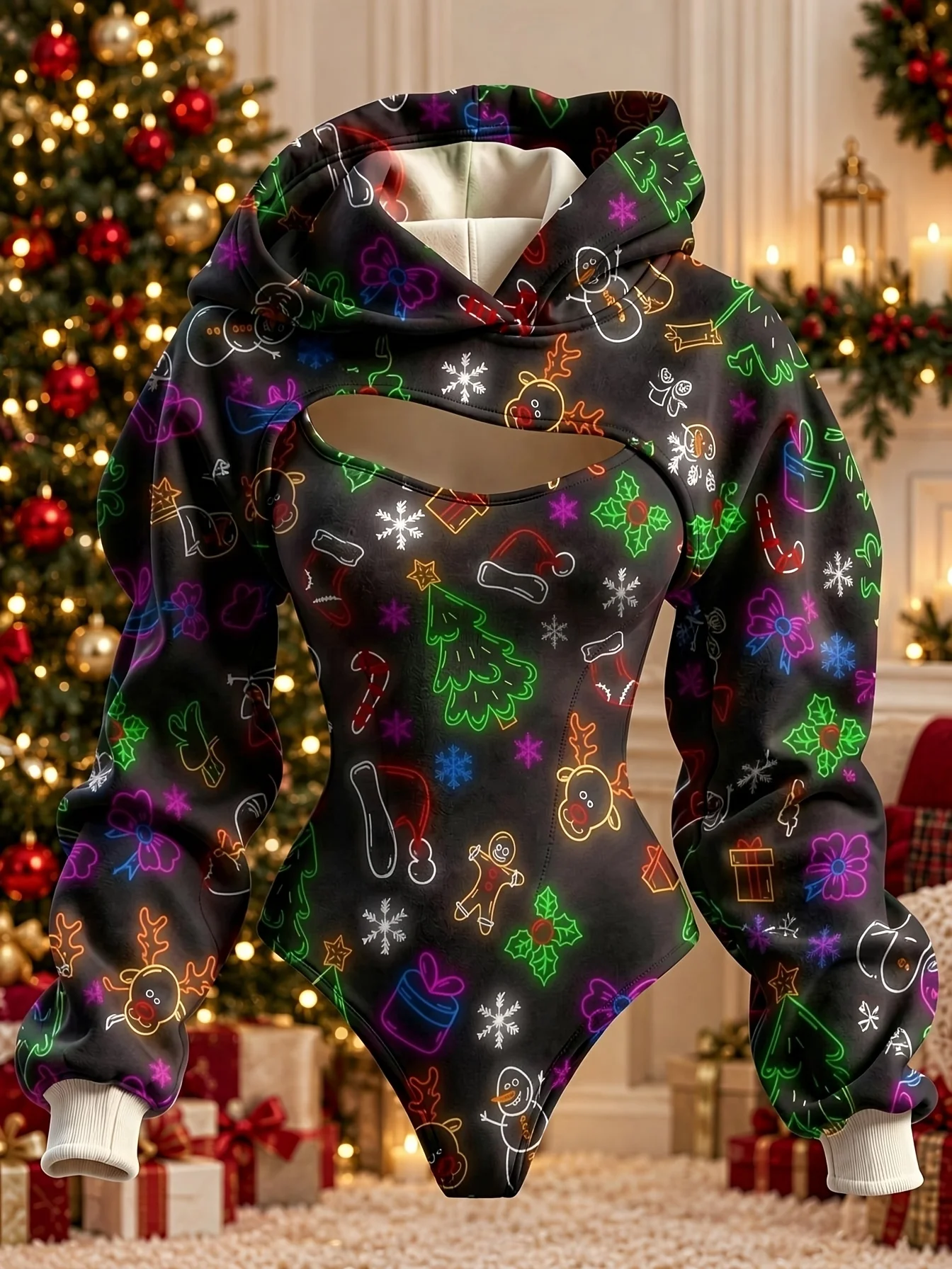 Ensemble de Noël pour femmes, composé d'un body à imprimé lumineux et coloré + d'un boléro à capuche, costume de Noël.