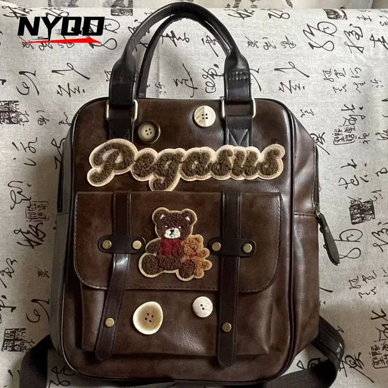 Vintage Button Students School Bag Women Bear Y2k Handbag Retro Female Large Capacity Commuter Backpack Mochilas Para Mujer