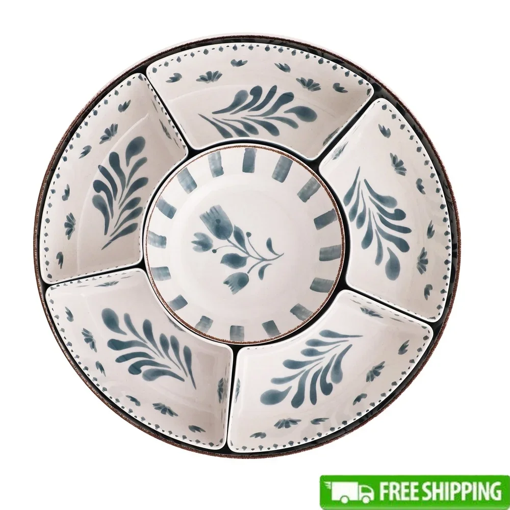 

Bamboo Melamine Chip Dip Tray Dishwasher Safe Serving Platter Removable Compartments Indoor Outdoor Entertaining Snack Organizer