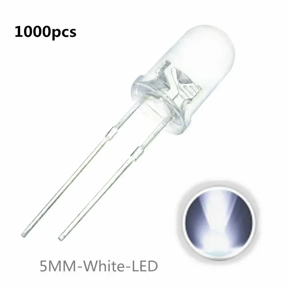 원형 LED 다이오드 5mm 모듬 키트, 흰색 녹색 빨간색 파란색 노란색 DIY 발광 다이오드 F5, 1000 개