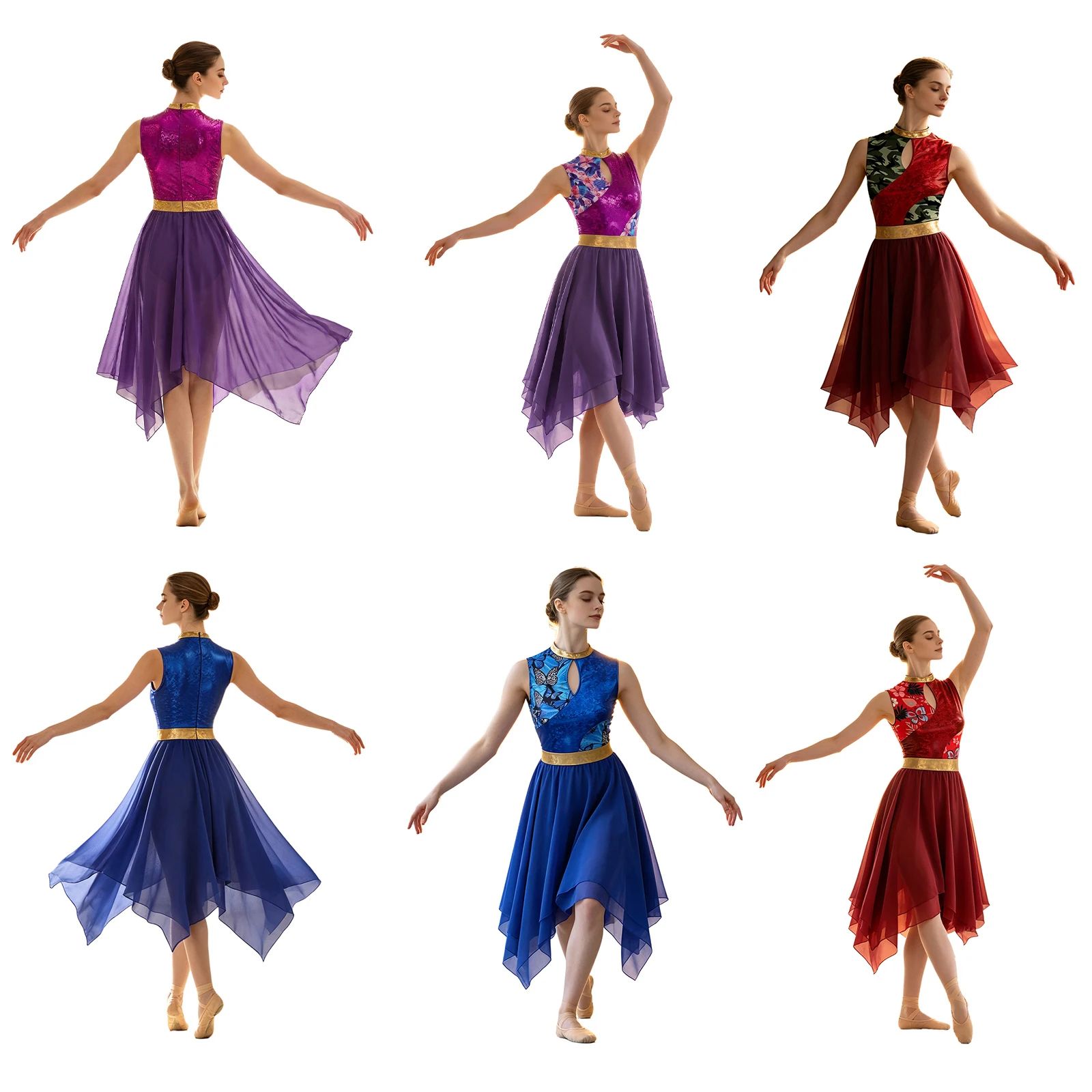 Damen-Lyrik-Tanzkleid, Kostüm für Gottesdienste und Lobgesänge, mit Metallic-Print, aufgesetztem Oberteil, Schlüssellochausschnitt vorne, ärmellos, unregelmäßiger Saum, Tunika-Kleid. – Detail 2