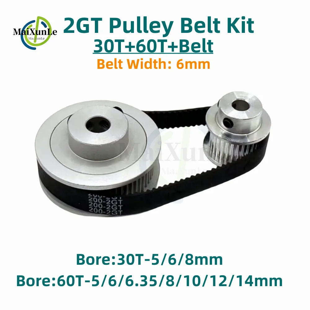 

2GT Timing pulley set 1:2 reduction ratio transmission component GT2 Pulley Belt Kit 30T 60Teeth Belt Width 6mm Bore 5~14mm