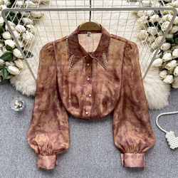 Vintage Rhine Stone Lantern Long Sleeve Blouse Slim Elegant Fashion Crop Top Sexy Spring Summer Women Shirt