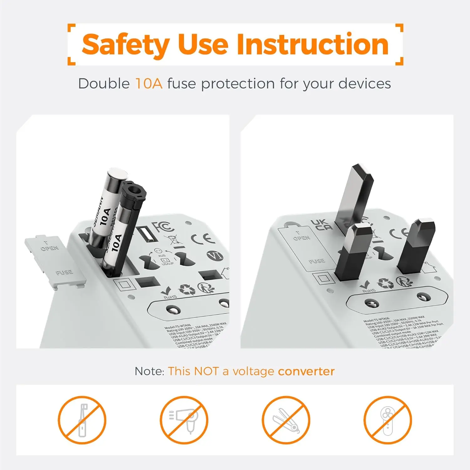 Адаптер для путешествий по всему миру TESSAN с универсальной розеткой переменного тока 3 USB C 2 USB A GaN Международный адаптер для вилки Великобритании/ЕС/США/Австралии