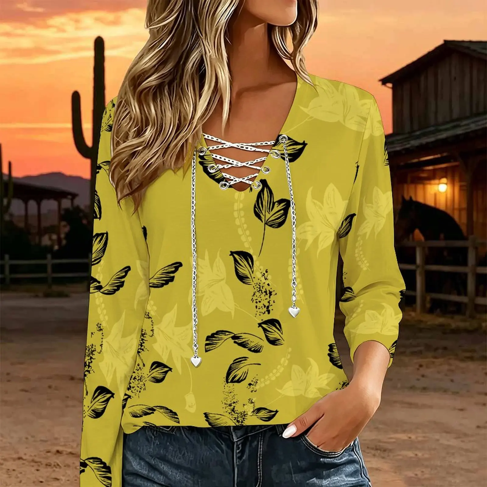 Women V Neck Long Sleeve Top Metal Chain Criss Cross Lace Up Cutout Loose Casual Blouse Custom Print Ladies Western Style Tee