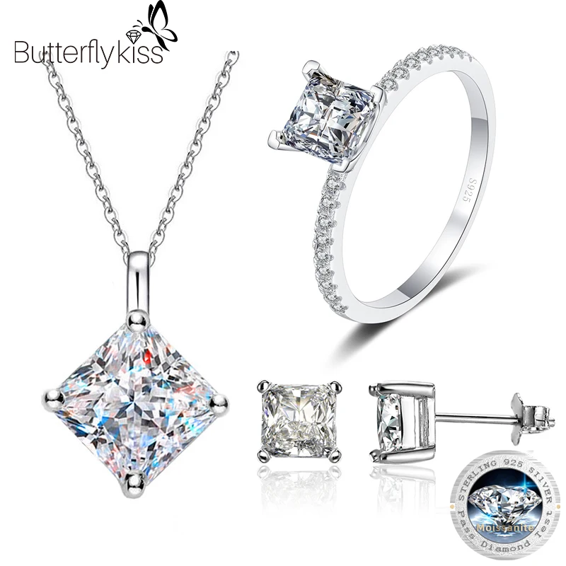 

Butterflykiss 925 Sterling Silver Square Moissanite Jewelry Set For Women Wedding Engagement Party Charm Earrings/Necklace/Ring