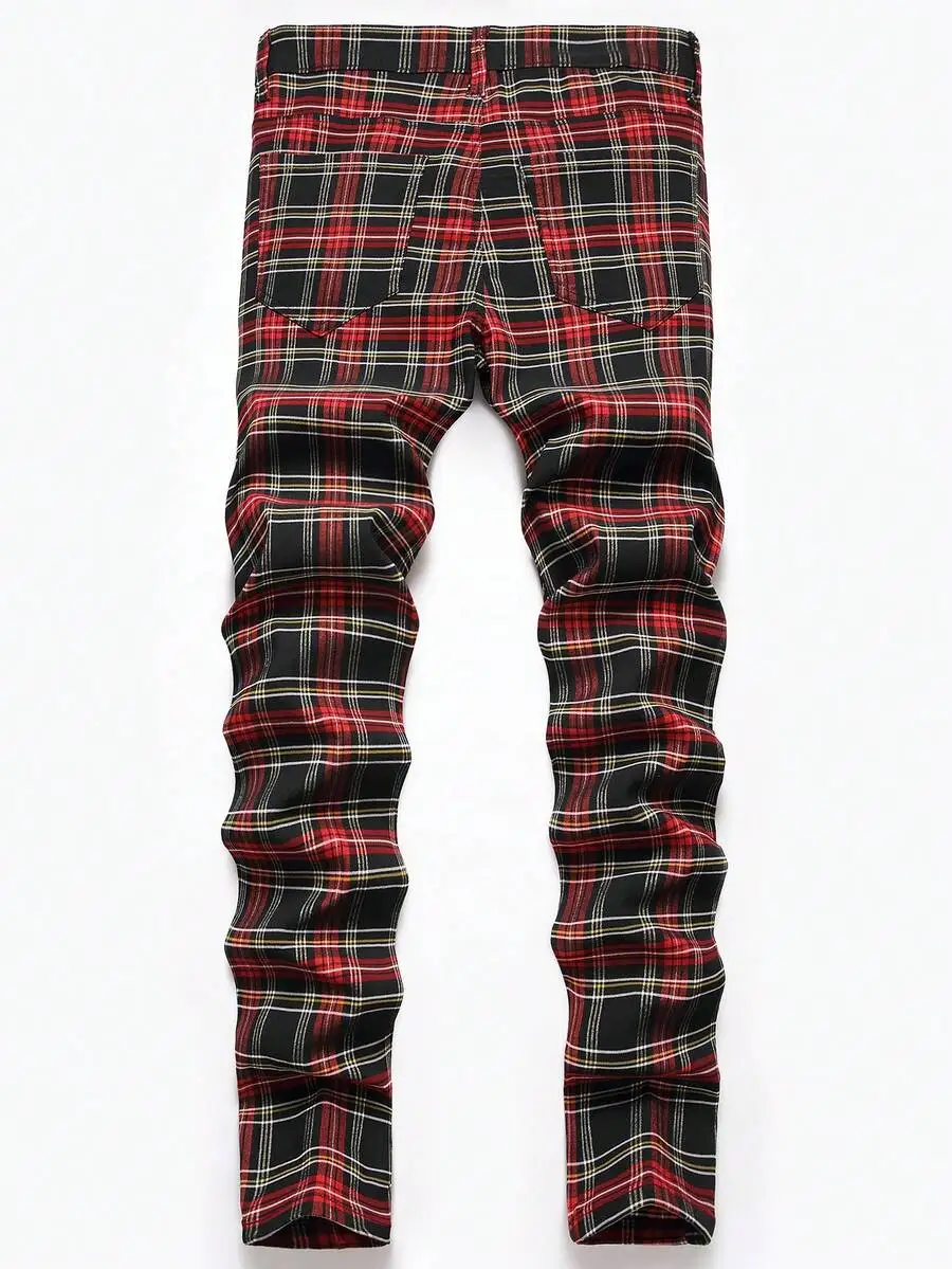 Mens Plaid Slim Fit Stretch Chinos Pants Business Casual Flat Front