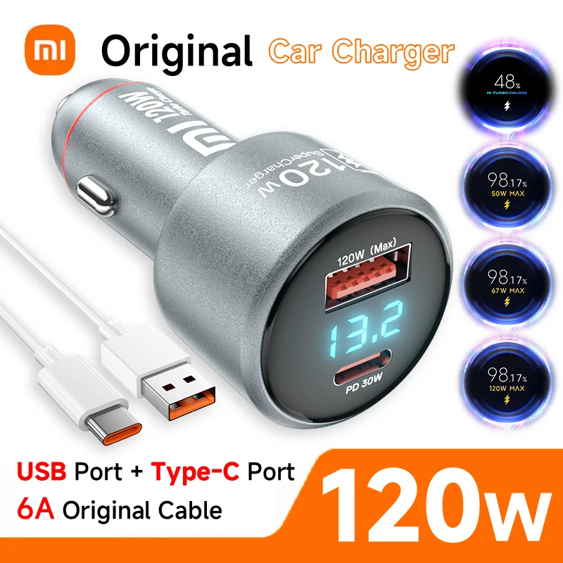 Original Xiaomi Type C USB 120W Car Charger Fast Turbo Charge 67W 33W Mi 14 13 13T 12 Pro Redmi Note K60 LED POCO X6 6A Cable