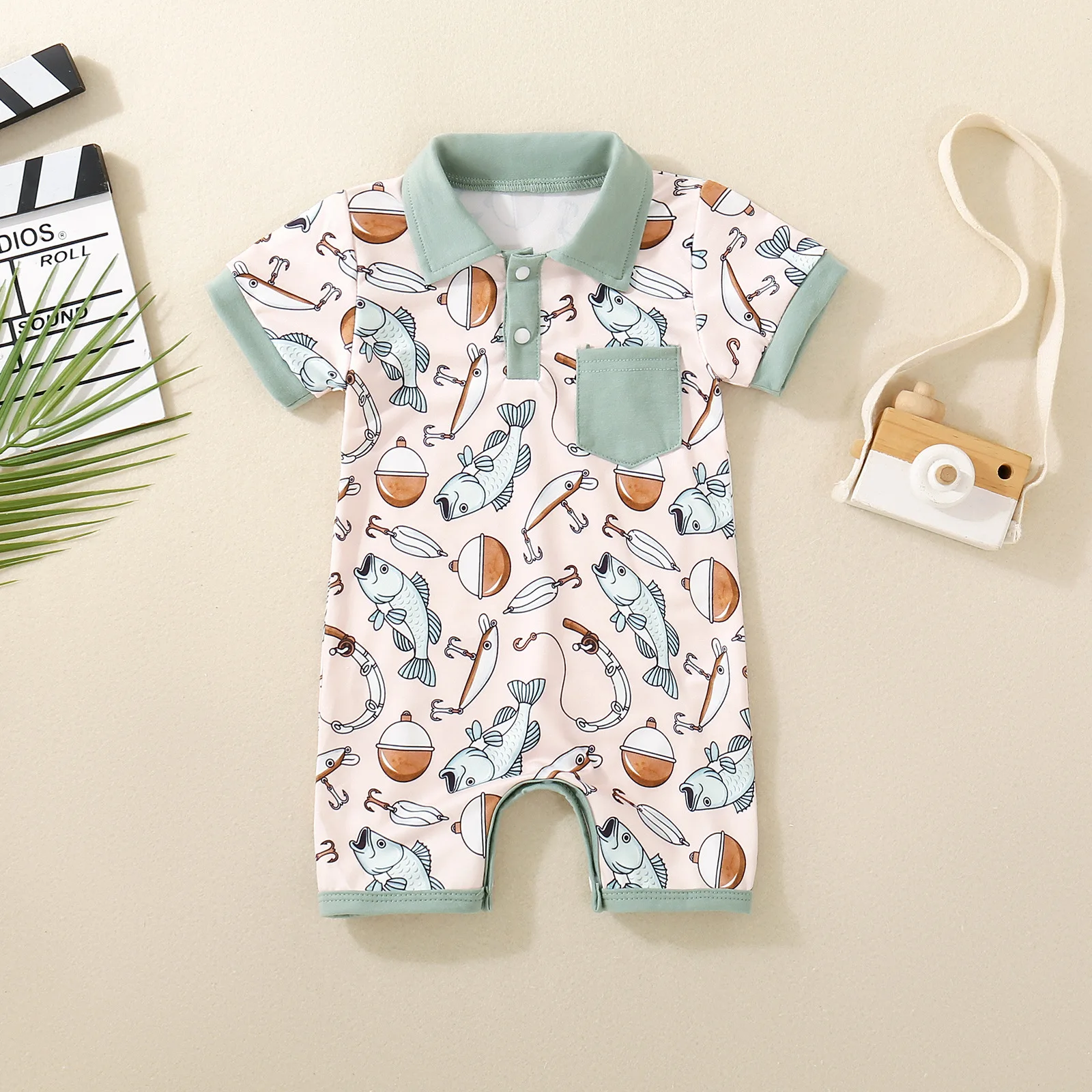 Summer Neutral Infant Thin Green Pocket Fishing Print Short Sleeve Short Climb