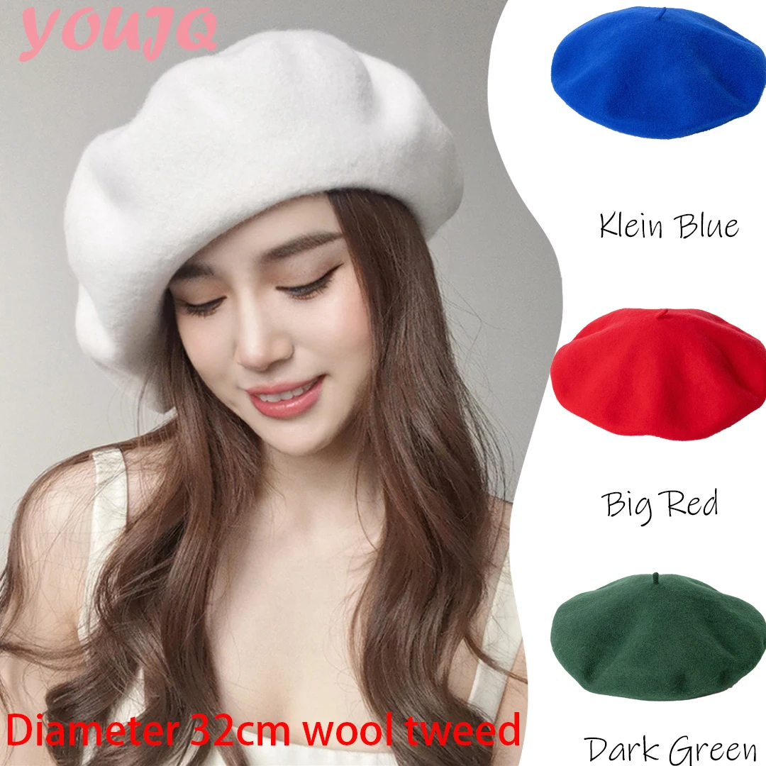 

90% Wool 10% Nylon 32cm DiameterBig Beret Painter Cap Baked Wheat Cake Warm Girl Women Beret Warm Female Bonnet Hats Winter