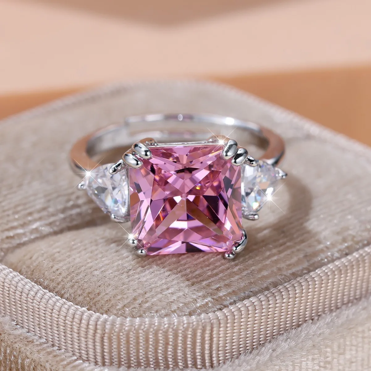 925 Sterling Silver Square Pink Quartz Topaz High Carbon Diamond Ring for Women Heart Gemstone Wedding Fine Jewelry Party Gift