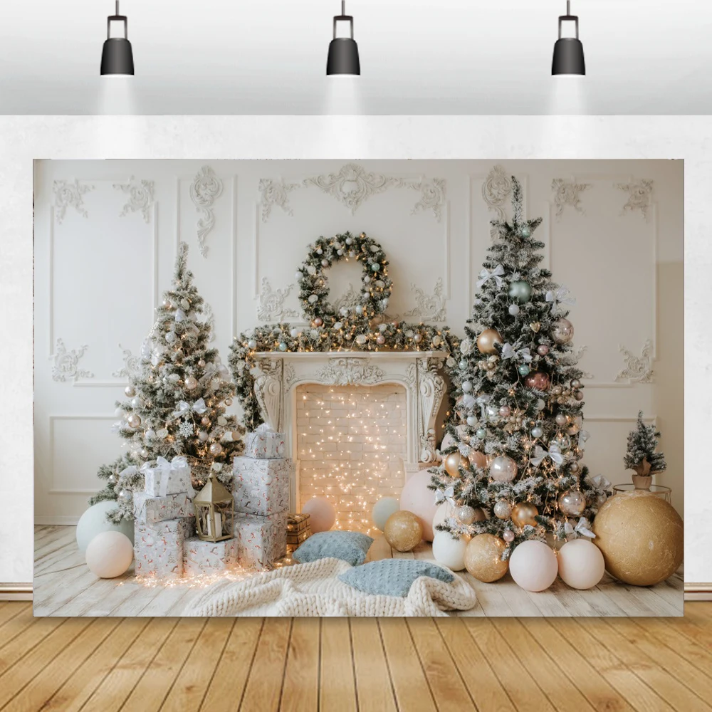 Winter Christmas Interior Backdrop Photography Xmas Fireplace White Christmas Tree Gifts Pine Trees Photo Background Photocall