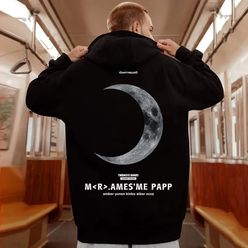Men Hoodies Autumn Winter Harajuku Letter Y2k Korean Streetwear Moon Print Hooded Sweatshirt M-5XL Oversized Men Clothing