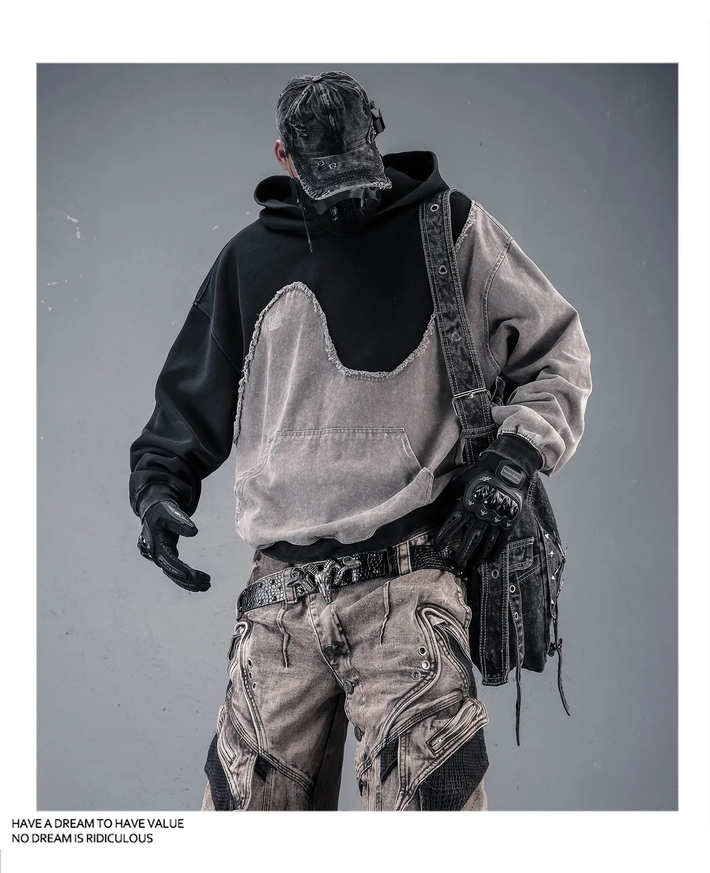 Contrast Color Patchwork Techwear Style Casual Hoodies Man Autumn Tactical Function Washed Distressed Design Long Sleeve Tops