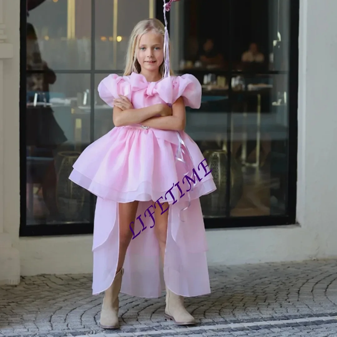 カスタマイズされたプリンセスプリーツボウ半袖Aラインフォーマルフラワーガールドレスミニ丈スイープトレインエレガントな初聖体拝領ドレス