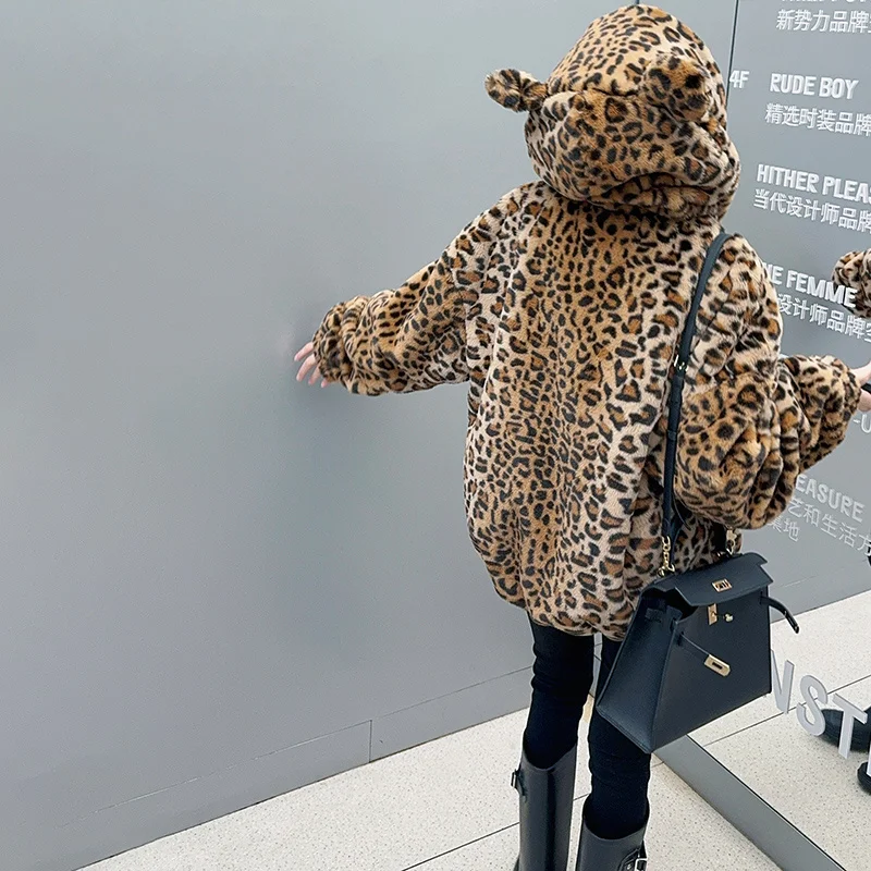 Abrigo de piel de leopardo a la moda para chicas jóvenes con capucha, chaquetas con capucha de piel de lana para niños, ropa de calle para niños, prendas de vestir exteriores para adolescentes