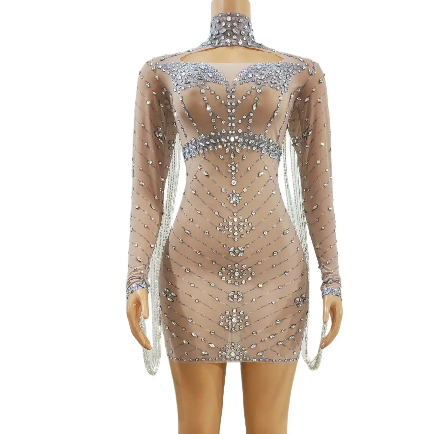

Chuilian Luxury Nude Mesh Rhinestone Bodycon Dress Long Sleeve High Neck with Tassel for Nightclub Party Performance
