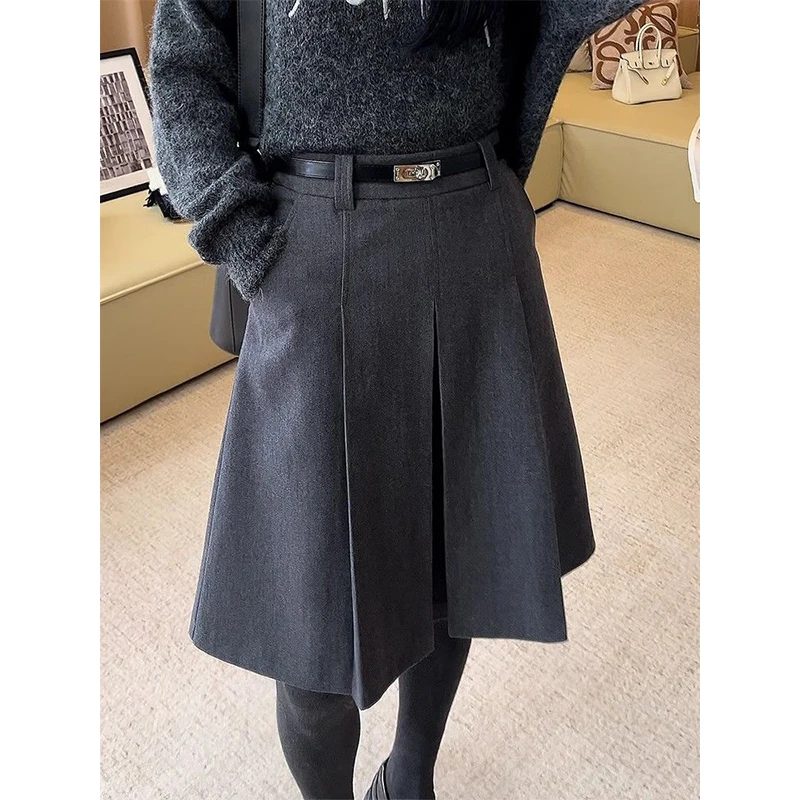 

Элегантная темпераментная плиссированная юбка, женская осенне-зимняя тонкая юбка с высокой талией, простая офисная женская универсальная юбка трапециевидной формы