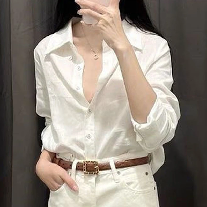 Women\'s Simple Casual Cotton Button Up Shirt Korean Style Turn Down Collar White Blouse Long Sleeve Loose Tops Blusas Para Mujer