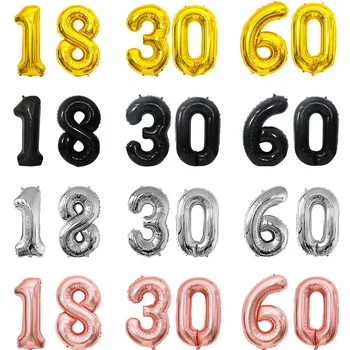 Folha de hélio Número Balão, Ouro, Prata, Preto, Happy Birthday Party Supplies Decoração, 16 18 30 40 50 60 70 80 90, 32 