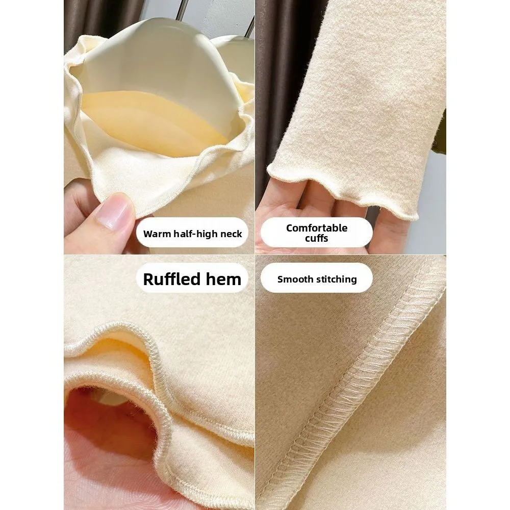 Thickened Fleece Half High Collar Women's Base Shirt Autumn Winter 2025 Fleece Warm Inner Wear with Wood Grain  Long Slee...