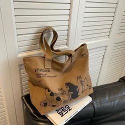 Ladies Large Capacity Handbag Canvas Bags for Commuting Cartoon Cat Printing Tote Bag Portable Casual Shoulder Bag
